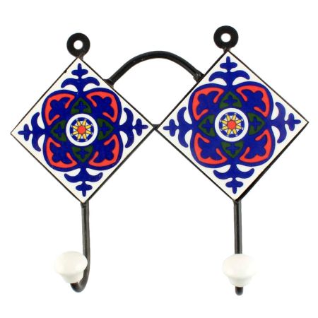 Navy Blue Floral Ceramic Tile Hook